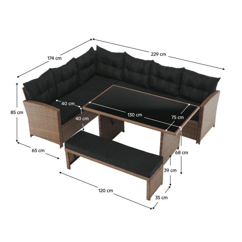 Záhradný 3-dielny ratanový set, svetlohnedá-čierna
