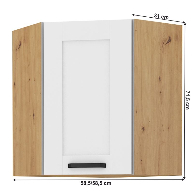 Horná rohová skrinka, biela-dub artisan, 58x58 GN-72 1F, 1x dvierka