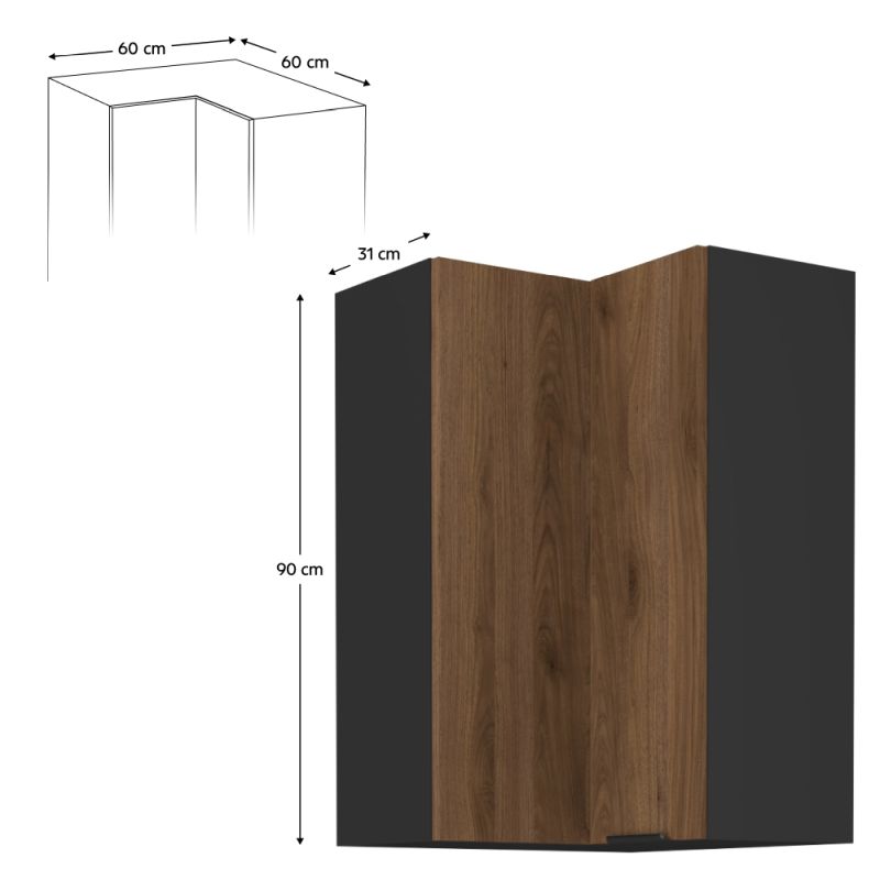 Horná rohová skrinka, orech okapi-čierna, 60x60 GN-90 2F, 2x dvierka