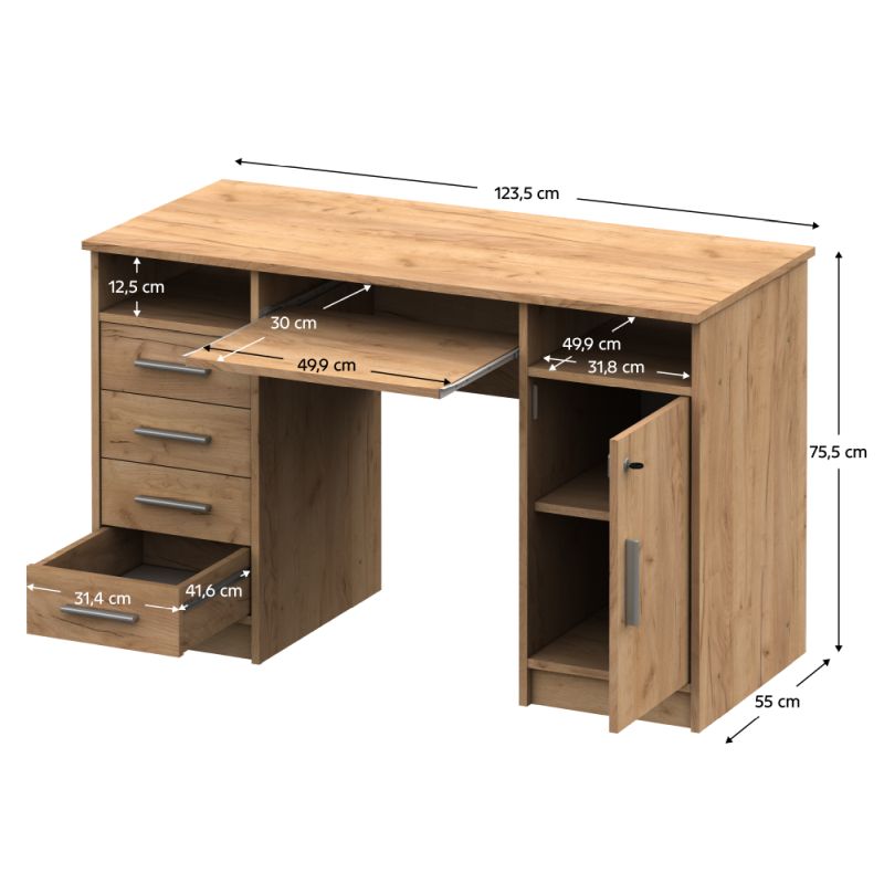 PC stôl so zamykateľnou skrinkou a šuplíkmi, dub artisan