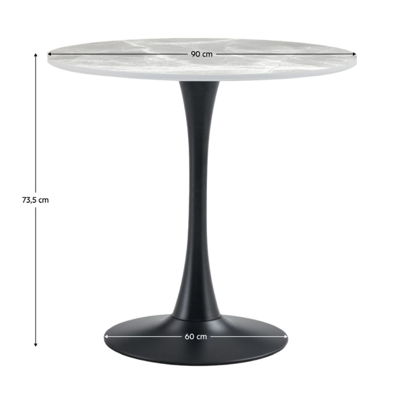 Jedálenský stôl okrúhly, sivý mramor, čierny kov, priemer 90 cm