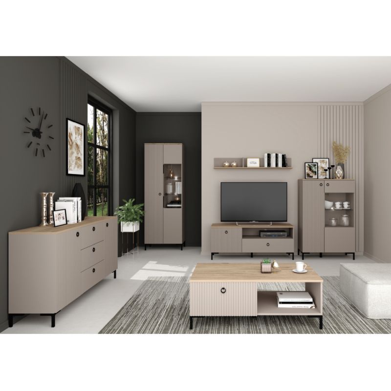 Dizajnový TV stolík 2D1S, sivohnedá Taupe, dub silverjack