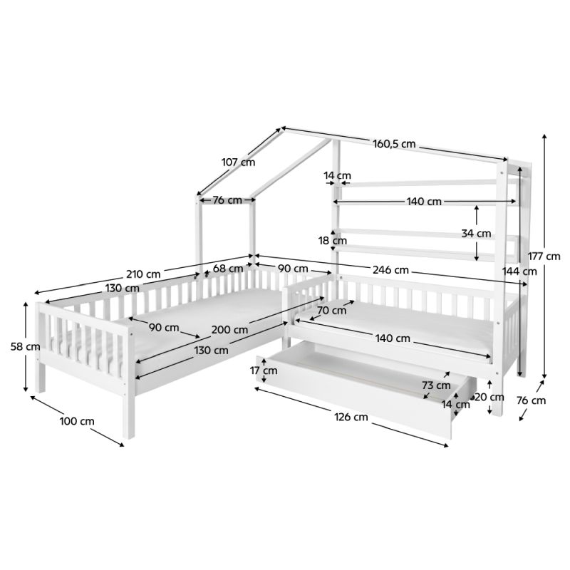Montessori posteľ pre 2 deti 90x200 + 70x140 s roštom, biela