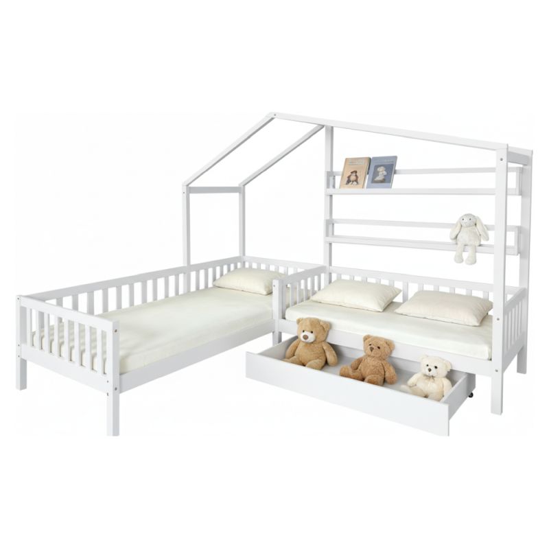 Montessori posteľ pre 2 deti 90x200 + 70x140 s roštom, biela