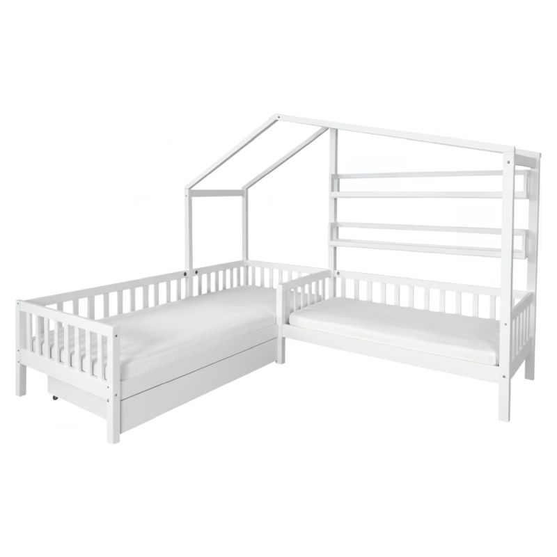 Montessori posteľ pre 2 deti 90x200 + 70x140 s roštom, biela