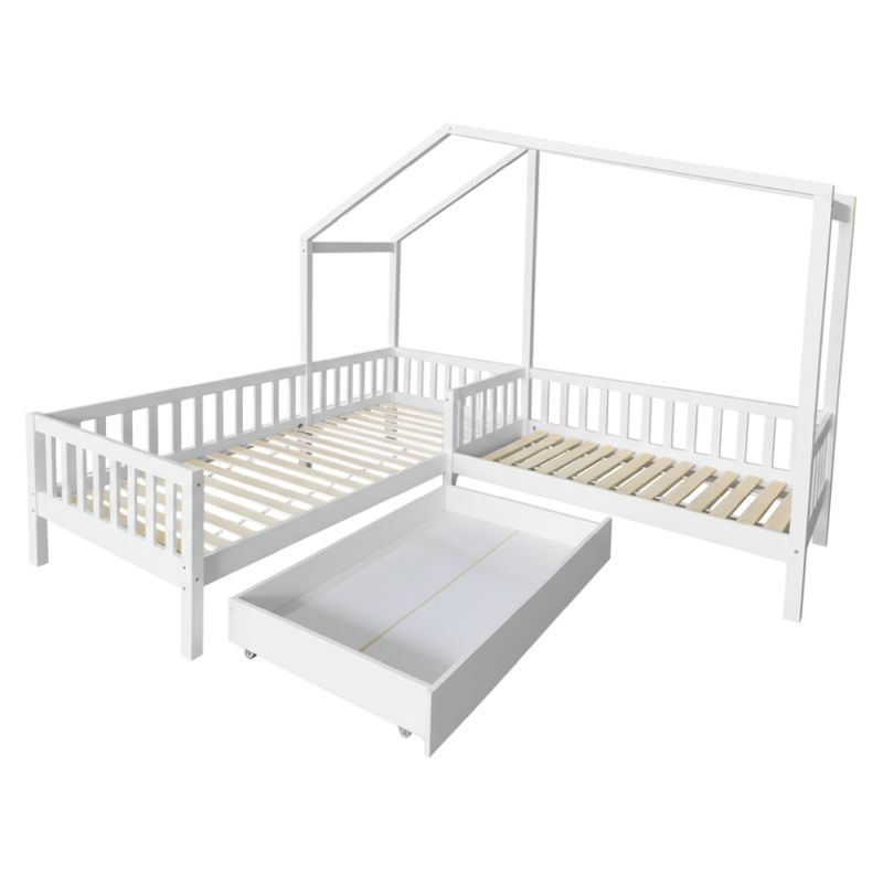 Montessori posteľ pre 2 deti 90x200 + 70x140 s roštom, biela