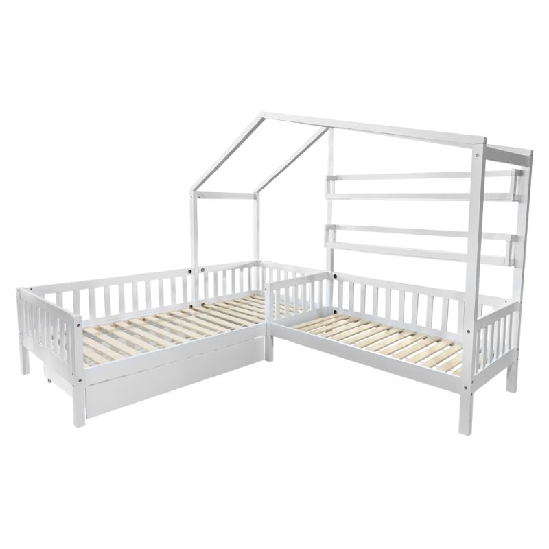 Montessori posteľ pre 2 deti 90x200 + 70x140 s roštom, biela
