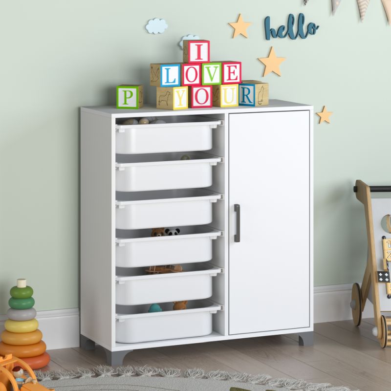 Regál so skrinkou a úložnými boxmi, biely