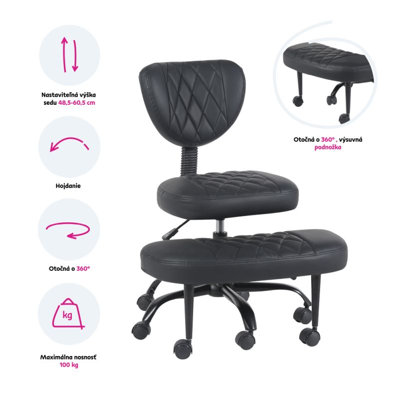 Ergonomická kľakačka, čierna ekokoža, čierny kov