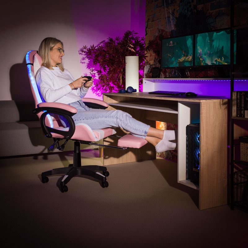 Kancelárske/herné kreslo s RGB LED podsvietením ružová/biela