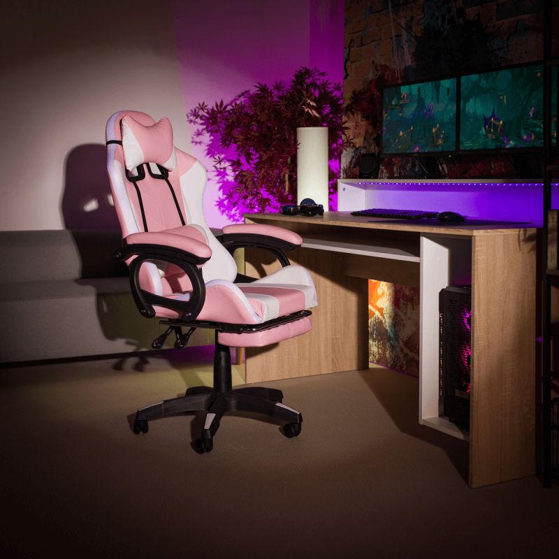 Kancelárske/herné kreslo s RGB LED podsvietením ružová/biela