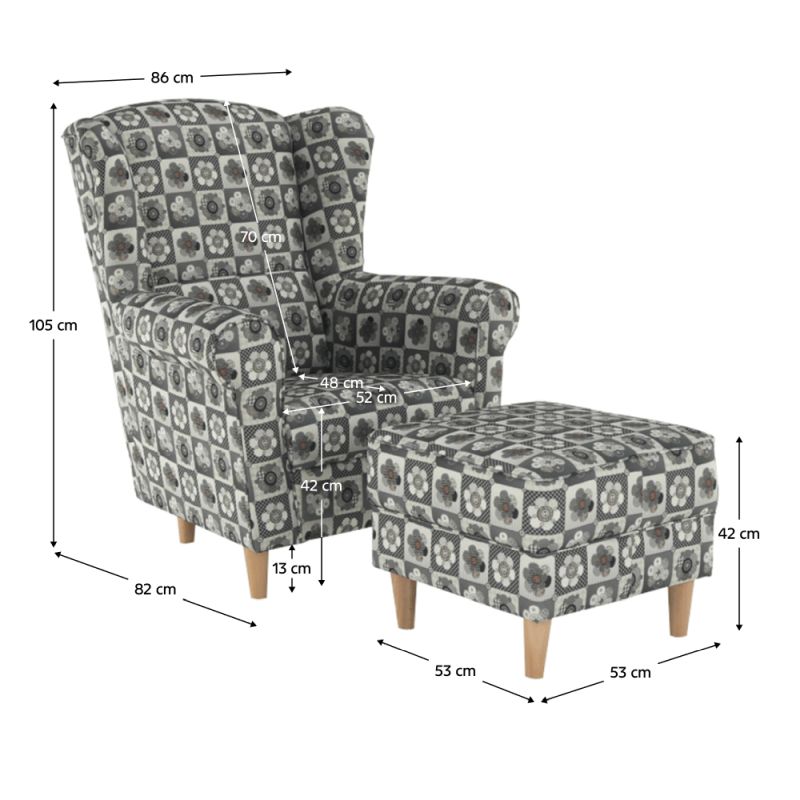 Kreslo ušiak s taburetom, látka patchwork N1