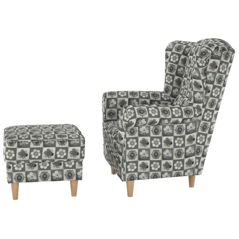 Kreslo ušiak s taburetom, látka patchwork N1