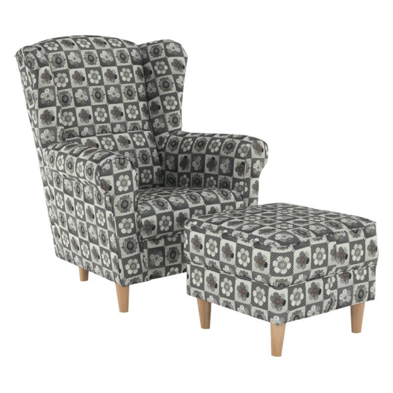 Kreslo ušiak s taburetom, látka patchwork N1