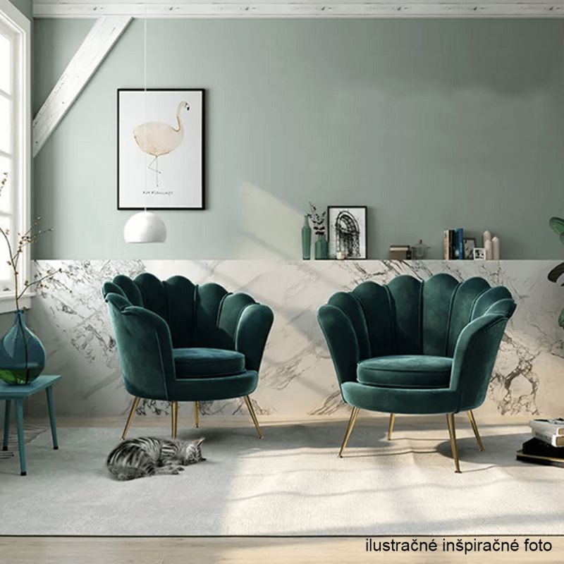 Kreslo v štýle Art-deco, smaragdová Velvet látka-gold chróm-zlatý