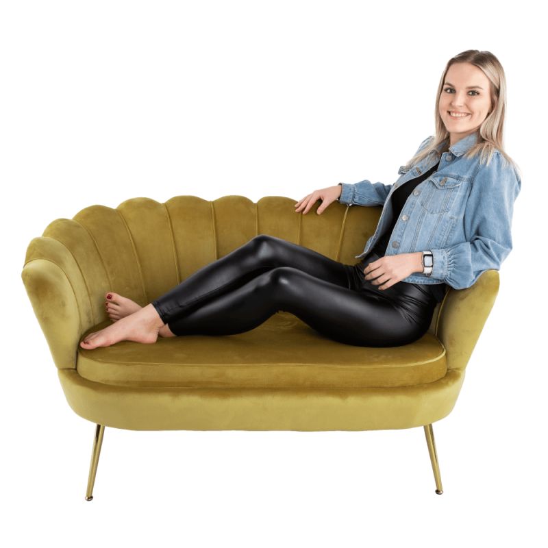 Lavica v štýle Art-deco, horčicová Velvet látka-gold chróm-zlatý