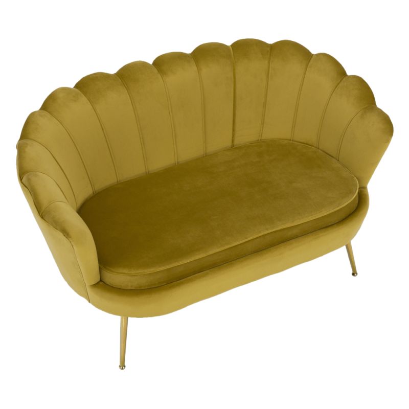 Lavica v štýle Art-deco, horčicová Velvet látka-gold chróm-zlatý