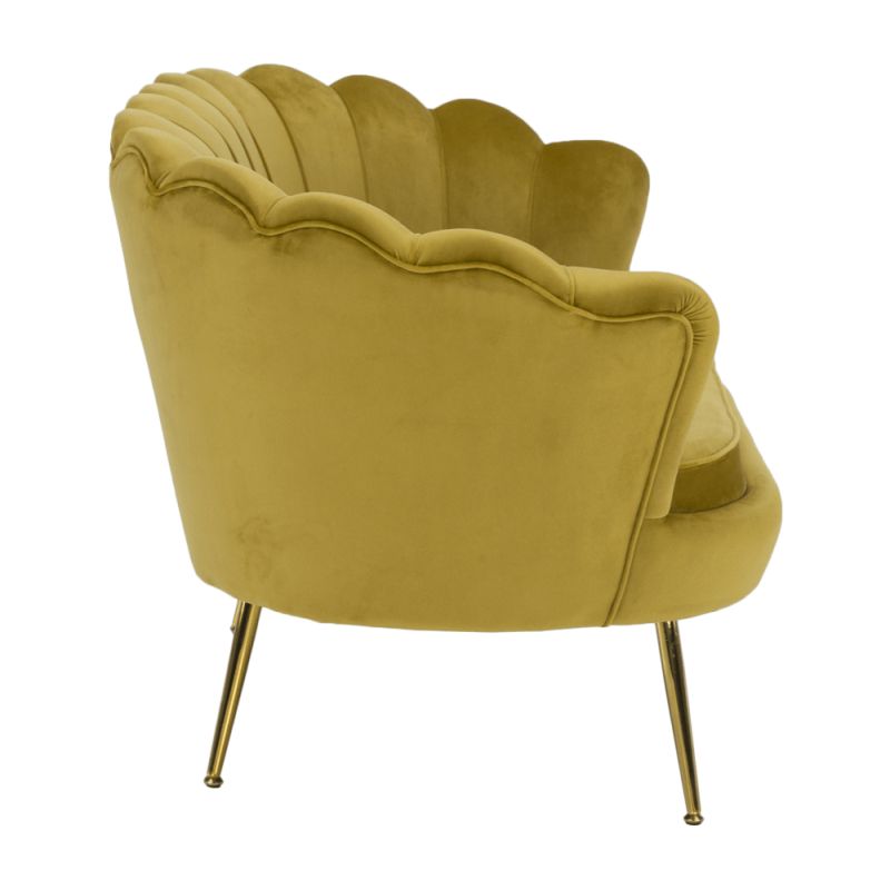 Lavica v štýle Art-deco, horčicová Velvet látka-gold chróm-zlatý