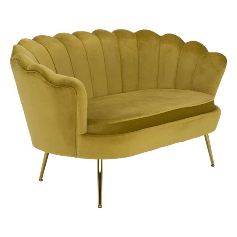 Lavica v štýle Art-deco, horčicová Velvet látka-gold chróm-zlatý
