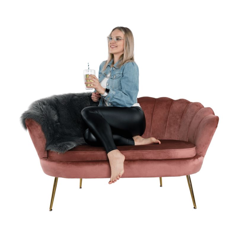 Lavica v štýle Art-deco, ružová Velvet látka-gold chróm-zlatý