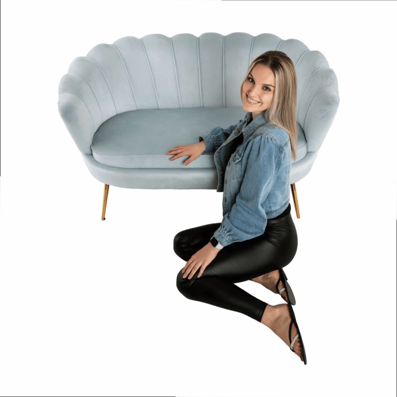 Lavica v štýle Art-deco, sivomodrá Velvet látka-gold chróm-zlatý