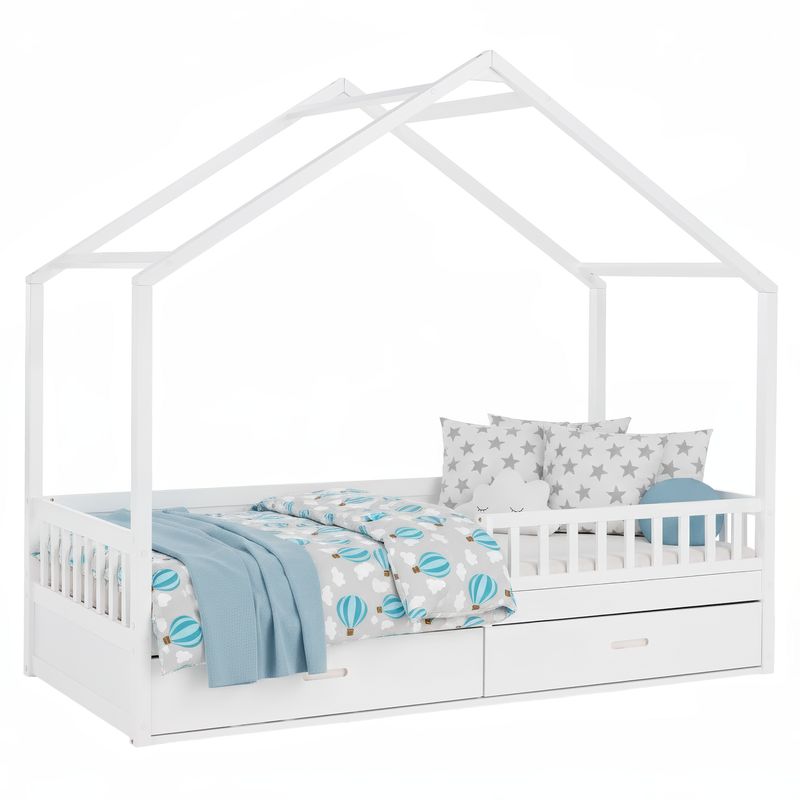 Pohodlná montessori posteľ v tvare domčeka, 90x200, biela, masív
