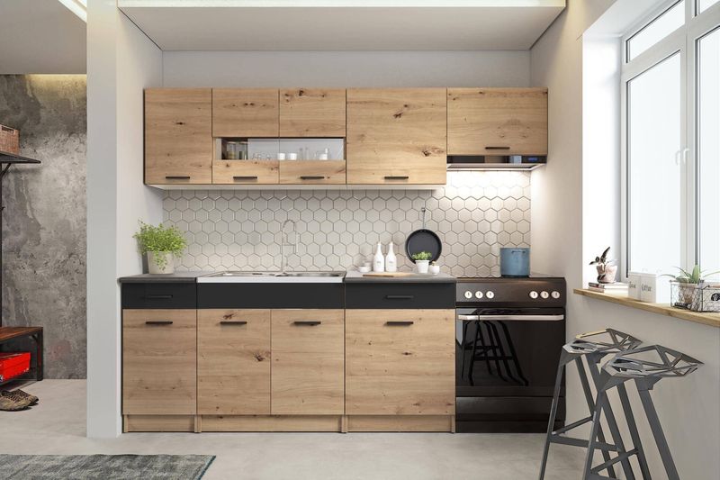 Moderná kuchynská linka 240 cm, čierna matná, dub artisan
