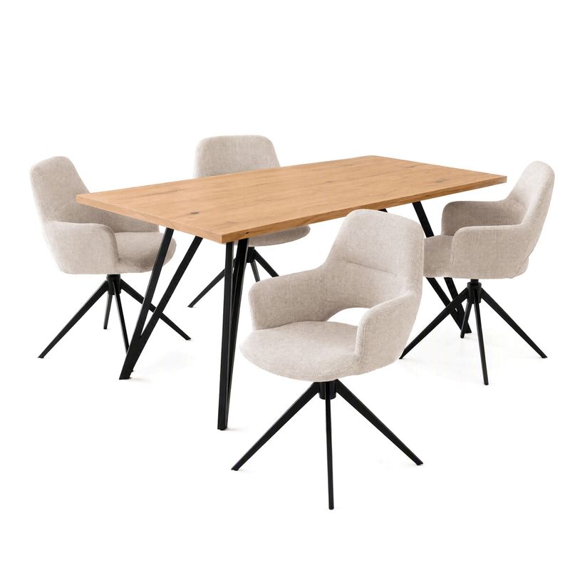 Jedálenský set so 4 stoličkami, 160x90cm, krémová látka, masív dub