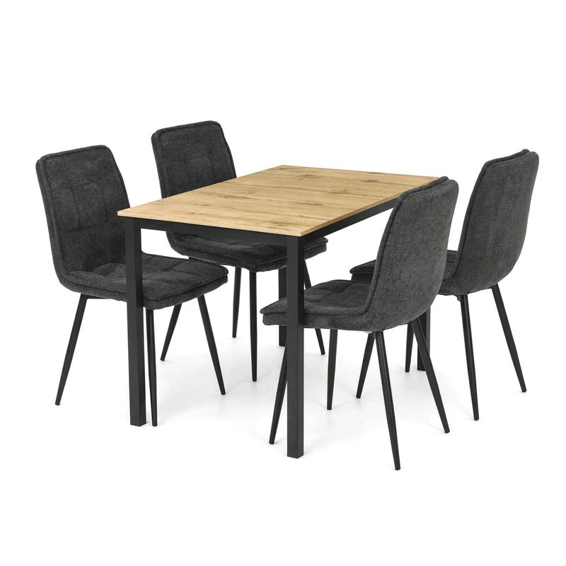 Jedálenský set so 4 stoličkami, 110x70cm, sivá látka, MDF divoký dub