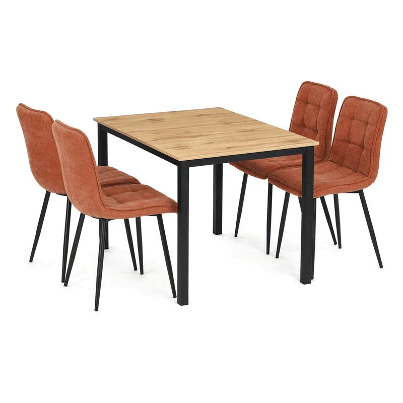Jedálenský set so 4 stoličkami, 110x70cm, oranžová látka, MDF divoký dub