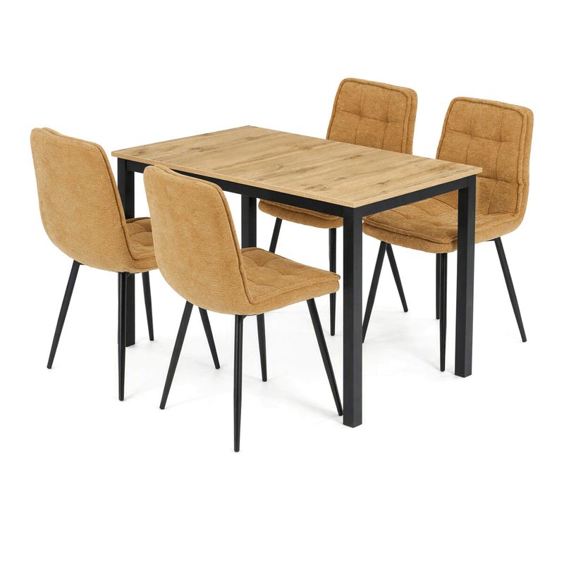 Jedálenský set so 4 stoličkami, 110x70cm, žltá látka, MDF divoký dub
