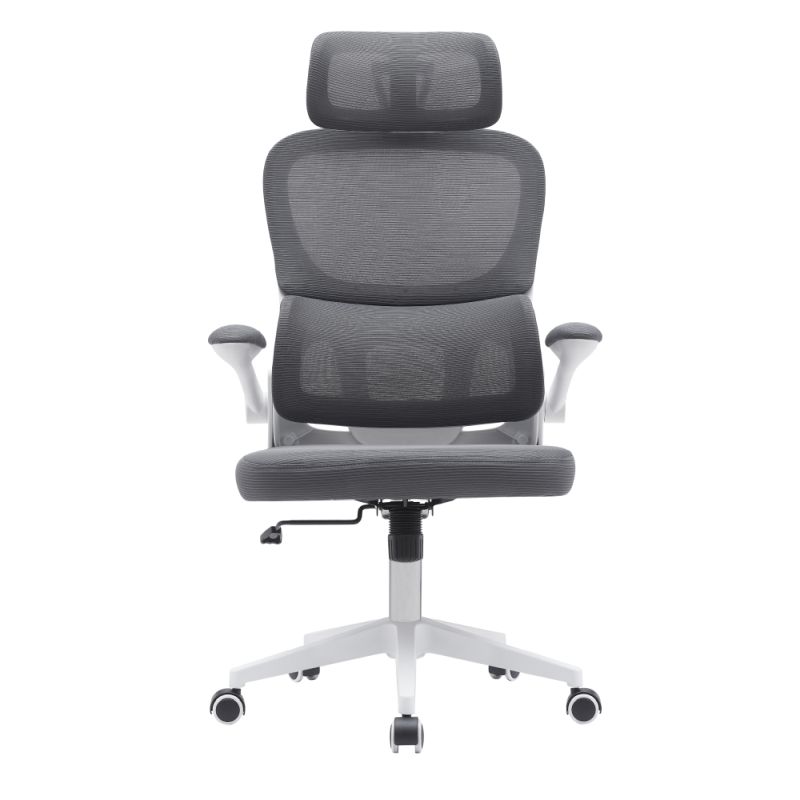 Kancelárske kreslo čalúnené tmavosivou sieťovinou v kombinácií s bielym plastom
