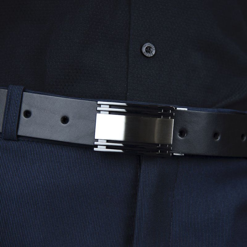 Kožený opasok PLAQUE, šírka 3.3cm - Čierna