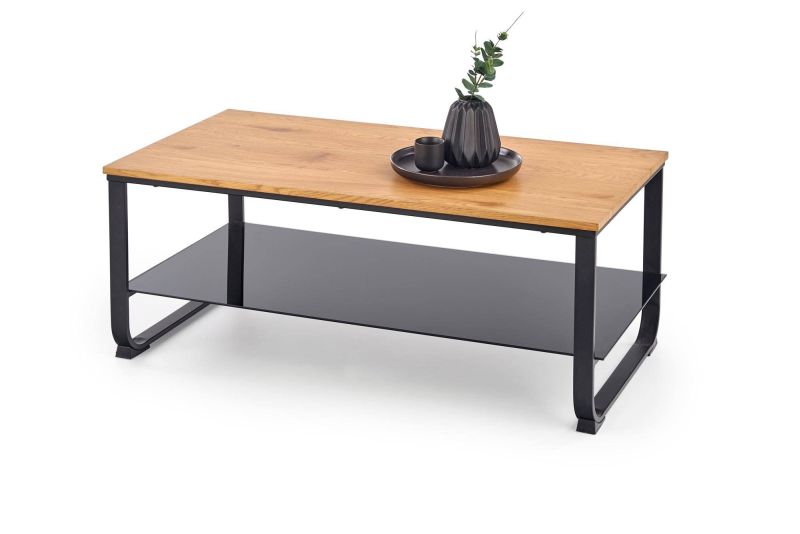 Štýlový konferenčný stolík s poličkou, čierna-dub zlatý