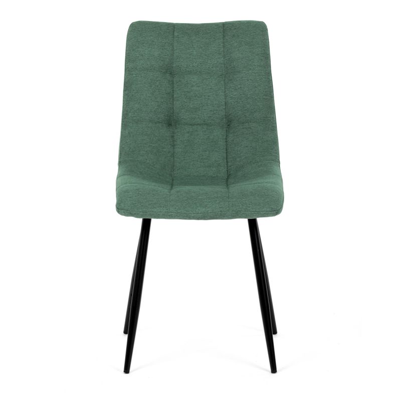 Stolička jedálenská, čalúnená zelenou látkou, čierne kovové nohy