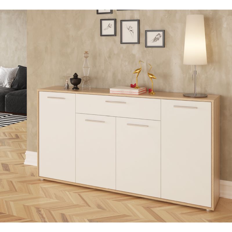 Komoda štvordverová so šuplíkom, dub sonoma-biela