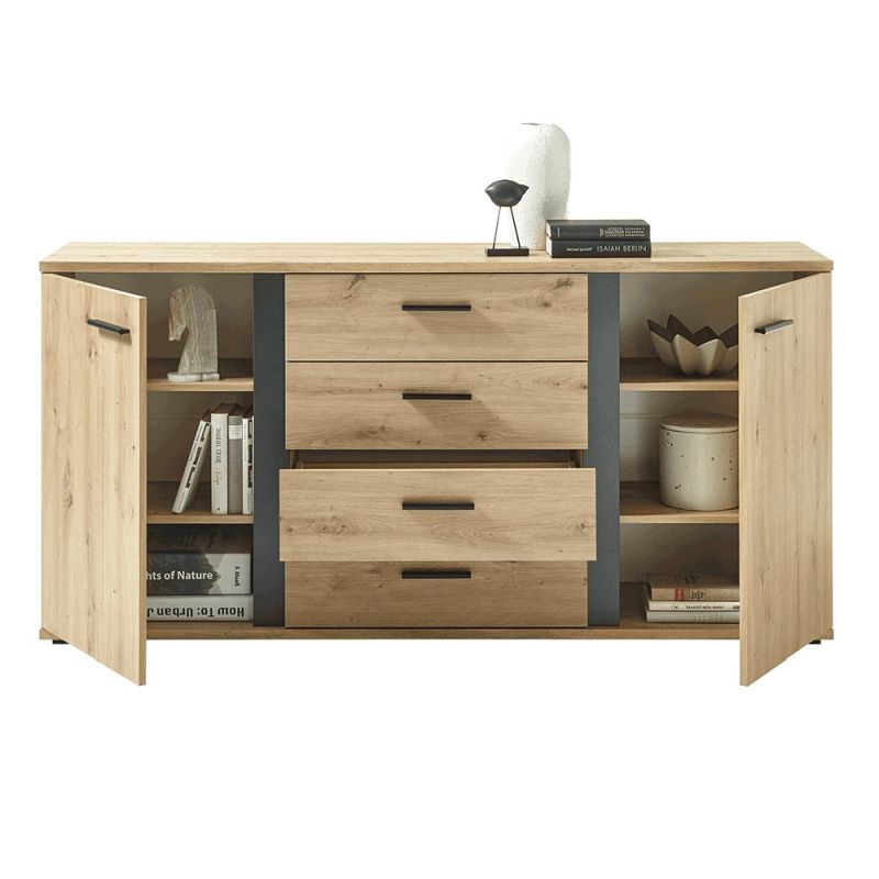 Komoda dvojdverová so 4 zásuvkami, dub artisan-čierna