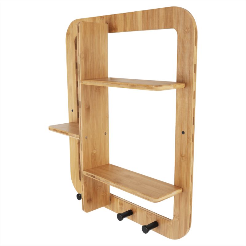 Polica štvorcová s háčikmi, prírodný bambus