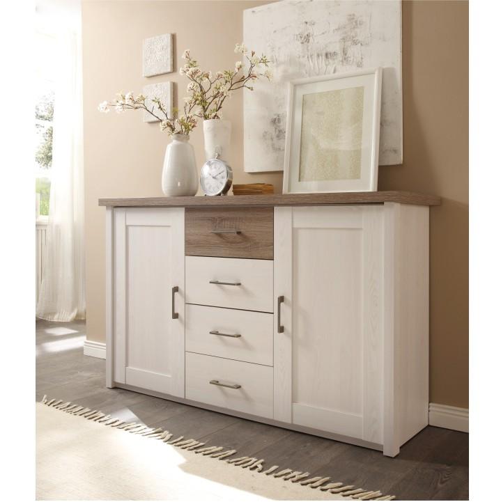 Komoda dvojdverová so 4 zásuvkami, pínia biela-dub sonoma truflový