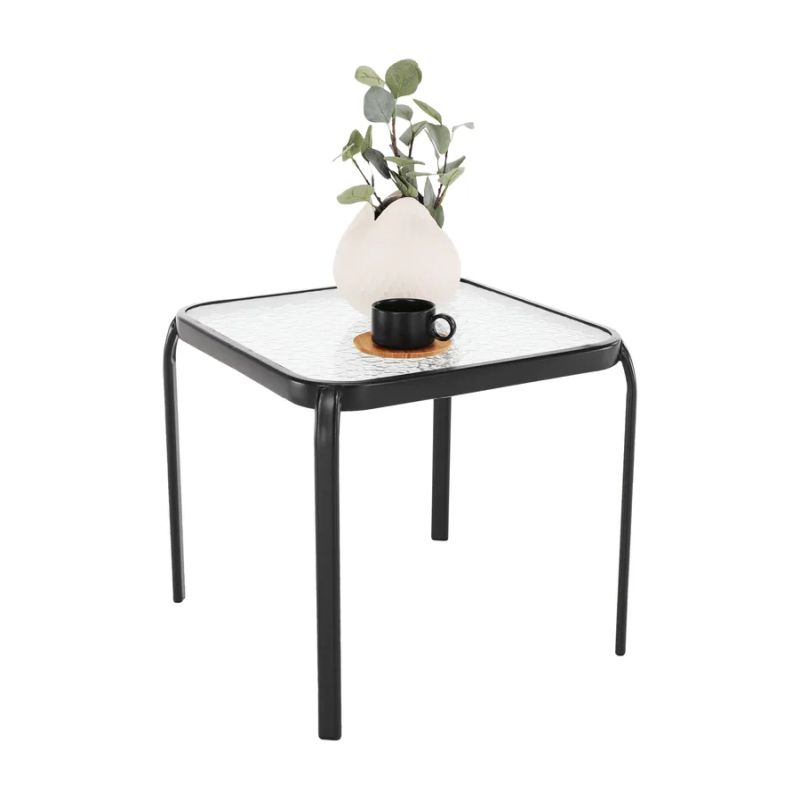 Záhradný štvorcový konferenčný stolík, čiena oceľ-tvrdené sklo