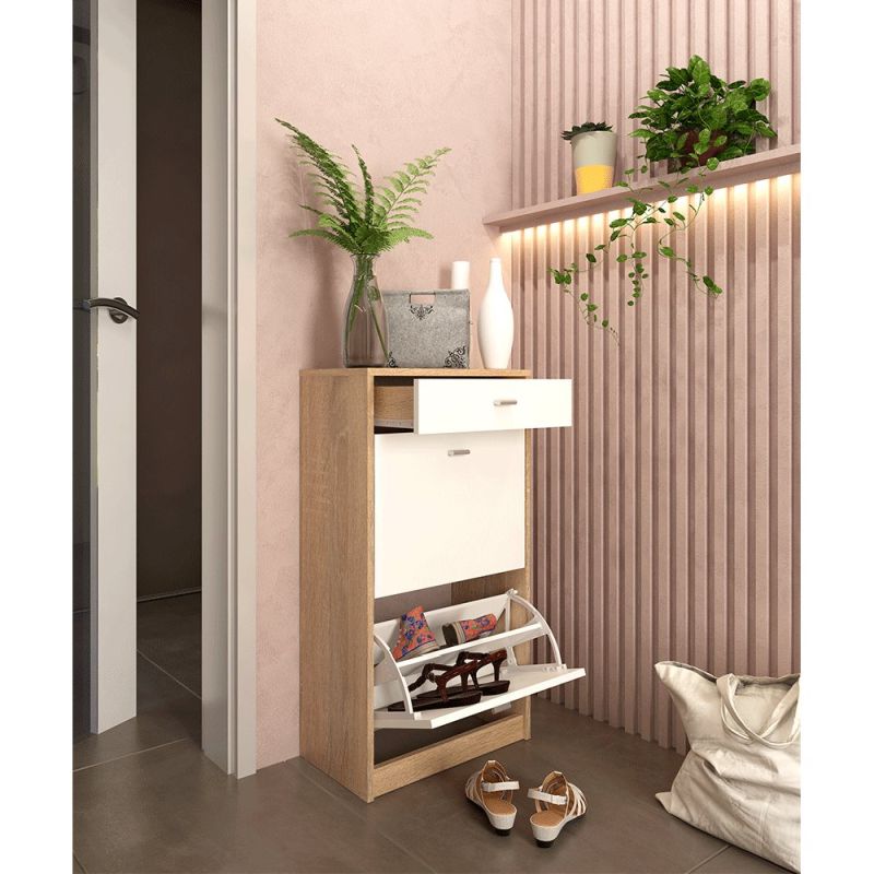 Dvojradový botník s jedným šuplíkom, biela-dub sonoma