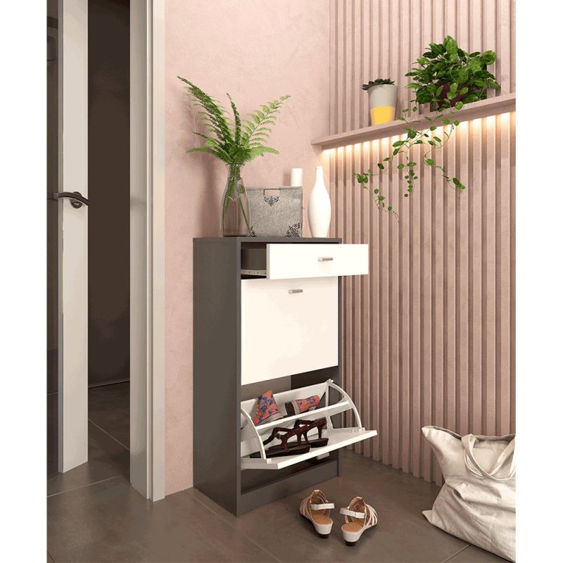 Dvojradový botník s jedným šuplíkom, biela-grafit