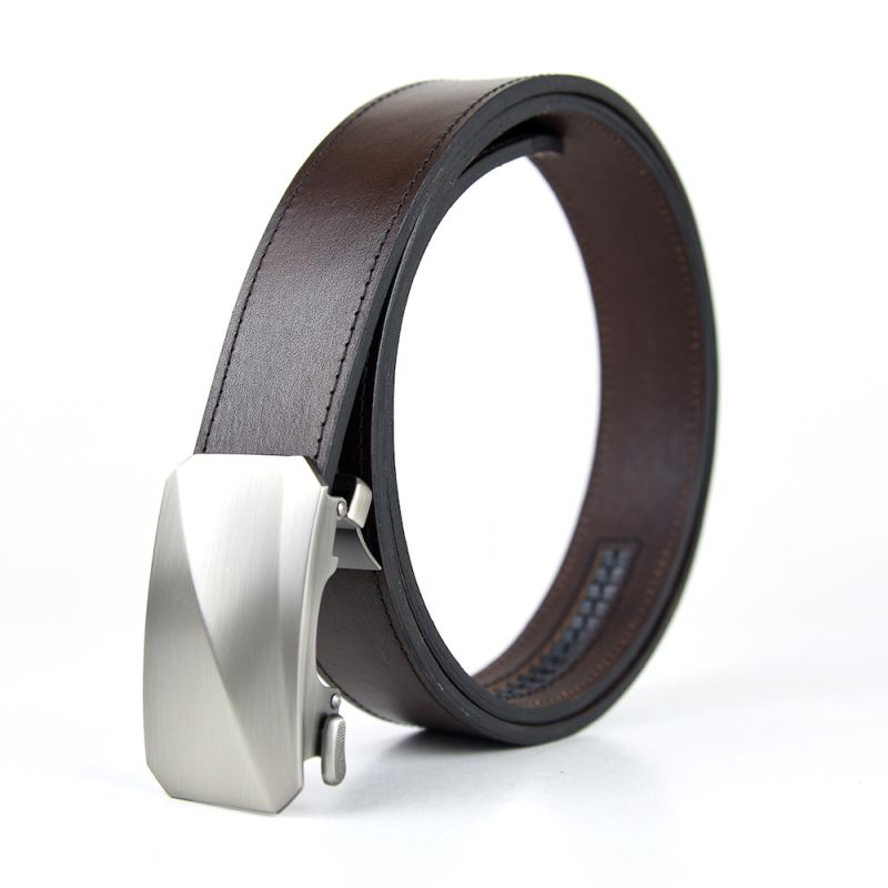 Kožený opasok s automatickou prackou 3D NICKEL NEW - Tmavo hnedá