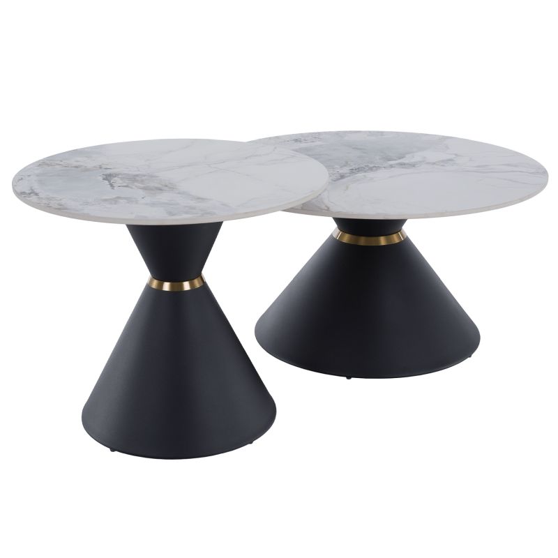 Konferenčné stolíky, set 2 okrúhlych, biely mramor-čierna-zlatá