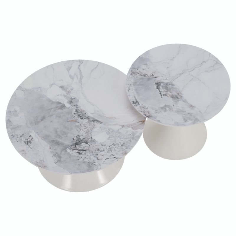 Konferenčné stolíky, set 2 okrúhlych, biely mramor-biela-zlatá