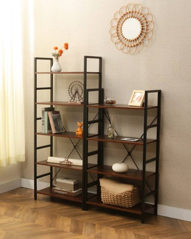 Policový kovový regál R4, čierny mat/tmavý orech