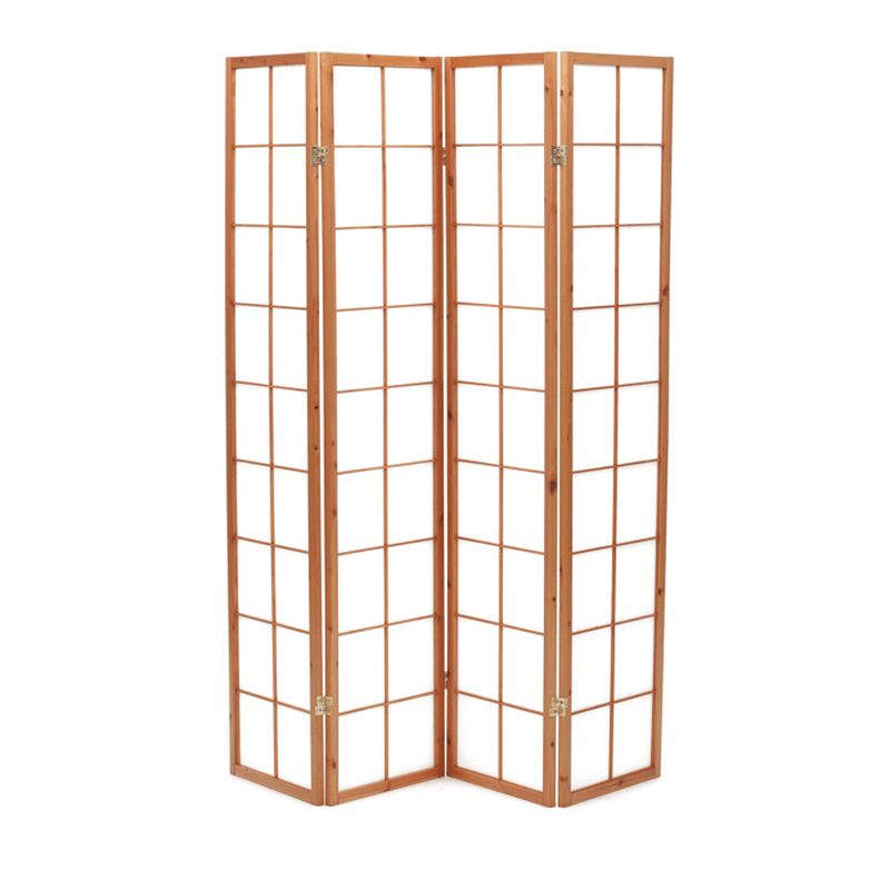 Štýlový 4-dielny paraván s drevenou konštrukciou v prírodnej farbe