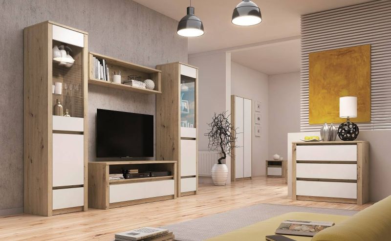 Elegantný RTV stolík, dub artisan-biely lak mat