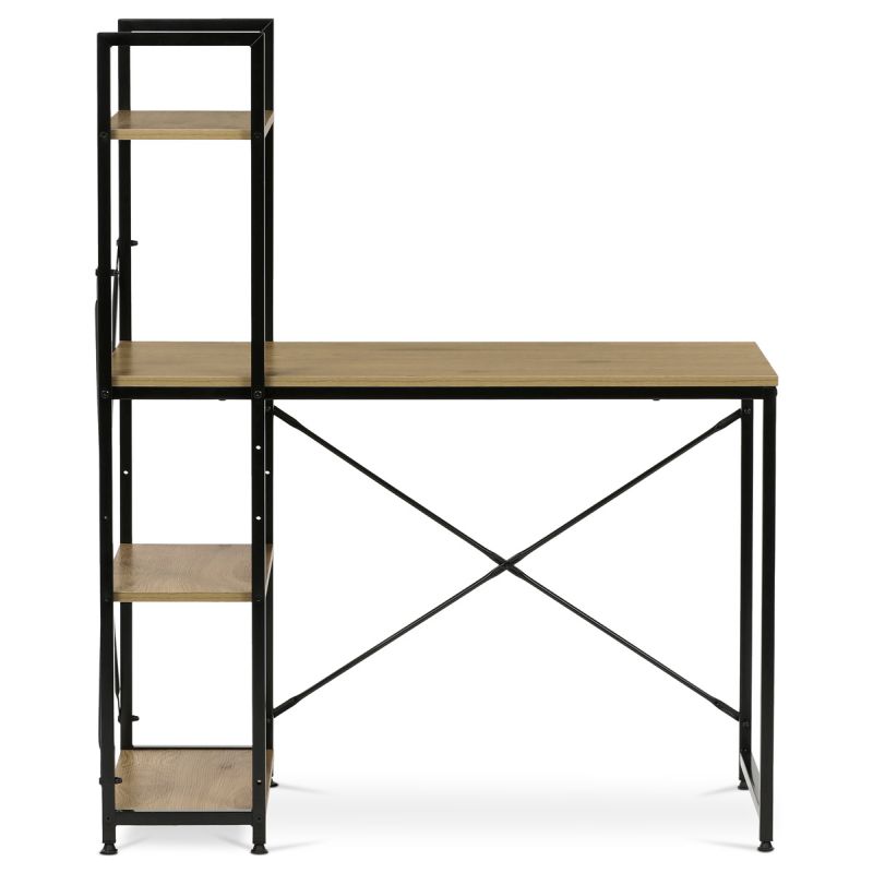 Stôl pracovný s regálom, MDF, dekor dub, čierny kov