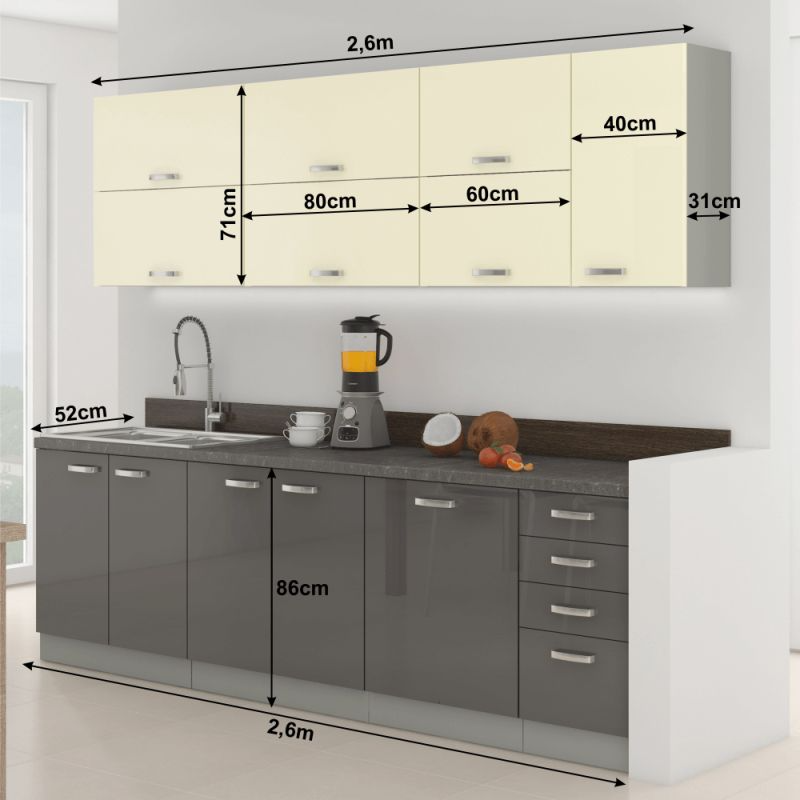 Kuchynská linka, sivá-kremová, extra vysoký lesk 2,6 m